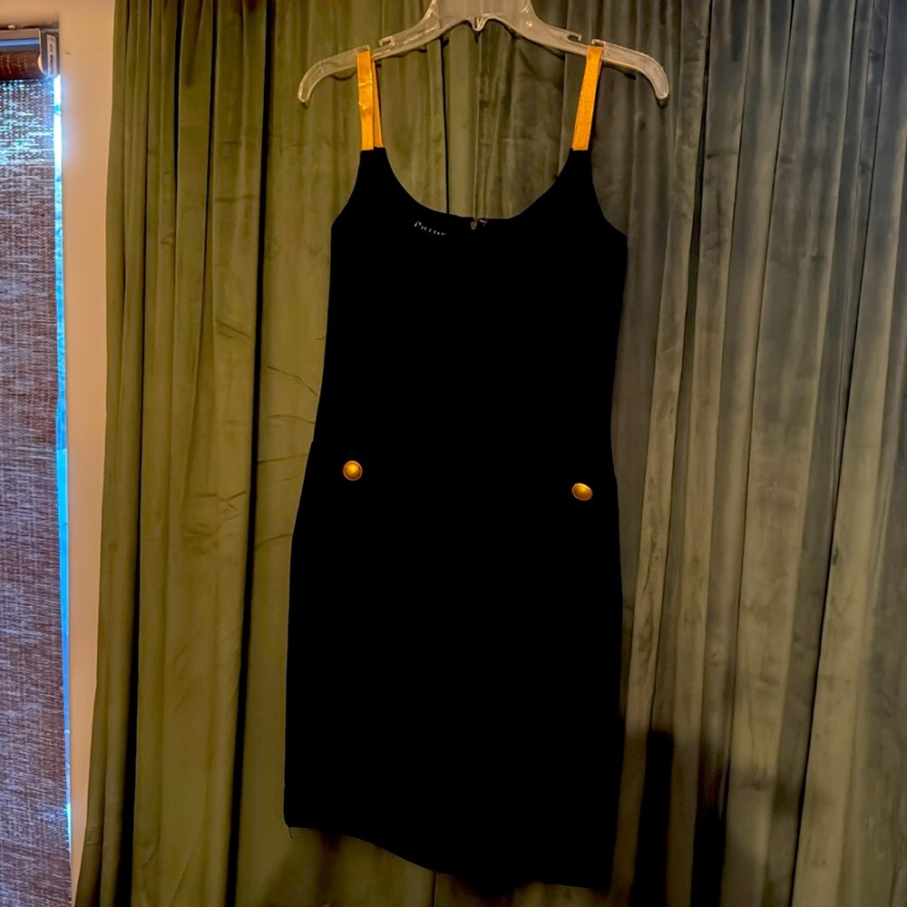 Gillian Vintage Cocktail Dress with Gold Mesh Straps & Gold Buttons pockets